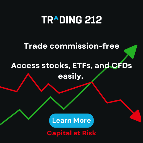 Trading 212 app interface showing real-time stock trading and investment options